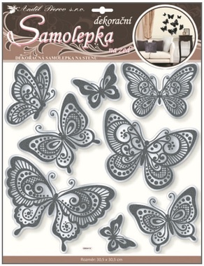 Samolepky na stenu motýle so zrkadlovým efektom a čiernou glitrovou kontúrou 30,5x30,5 cm
