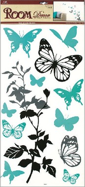 Samolepky na stenu čiernošedá s tyrkysovými motýľmi, 60x32 cm