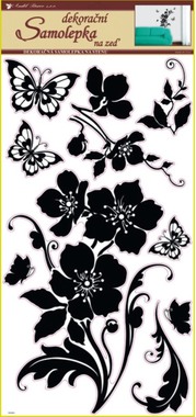 Samolepky na stenu kvetina s motýľmi čierna, 60x32 cm