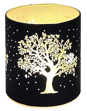 Svietiaci sklenený valec s motívom stromu - čierny, 10 x 9 cm, teplá biela, 10 LED, časovač