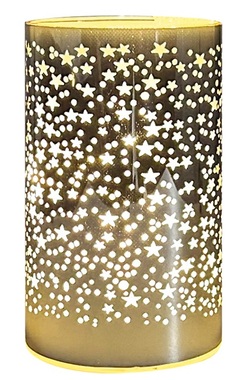 Svietiaci sklenený valec s hviezdičkami – zlatý, 15 x 9 cm, teplá biela, 10 LED, časovač