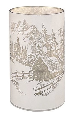 Svietiaci sklenený valec s horami – sivý, o 9 x 20 cm, teplá biela, 10 LED, časovač