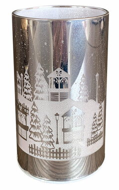 Svietiaci sklenený valec dediny - strieborný o 7,5 x 12,8 cm, teplá biela, 10 LED, časovač