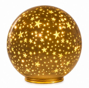 Svietiaca sklenená guľa s hviezdičkami – champagne, o 15 x14 cm, teplá biela, 10 LED, časovač