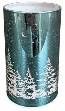 Svietiaci sklenený valec s motívom krajiny – modrý lesk, o 7,5 x 12,8 cm, teplá biela,10 LED,časovač