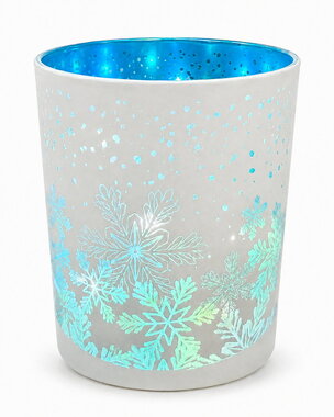 Svietiaci sklenený valec s motívom vločiek – biely s modrým, o 9 x 12 cm, teplá biela,10 LED,časovač