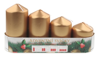 Adventná sviečka valec zlatá LAK postupka 60, 75, 90, 105 x 50 mm, 4 ks