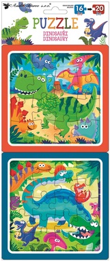 Puzzle 2 obrázky 15 x 15 cm, 16 a 20 dielikov, dinosaury