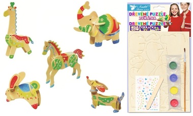 Drevené puzzle zvieratká koník, slon, žirafa, jazvečík, zajac 20x15 cm