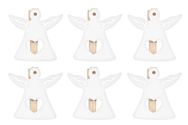 Anjel drevený na štipci 3 cm, biely, 6 ks