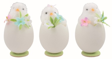 Kurča v škrupine s dekoráciami biele 6 x 11 x 6 cm na postavenie