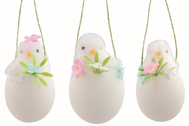Kurča v škrupine s dekoráciami biele 6 x 11 x 6 cm na zavesenie