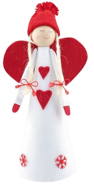 Anjel s pletenou čiapkou na postavenie 20 cm, červeno-biely