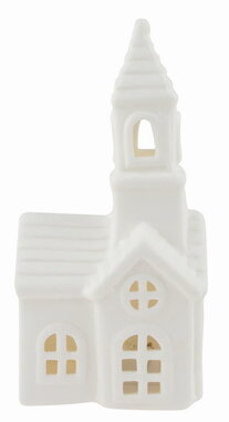 Svietiaci porcelánový kostol 6,5 x 13 x 5,5 cm, teplá biela, 1 LED, časovač