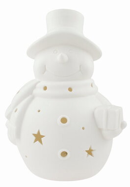 Svietiaci porcelánový Snehuliak 11 x 16 x 10 cm, teplá biela, 1 LED, časovač