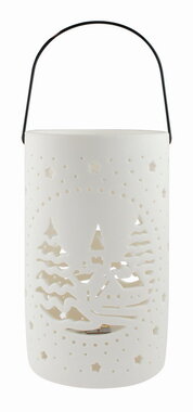 Svietiaci porcelánový Valec s motívom dediny, o 11 x 18 cm, teplá biela, 1 LED, časovač