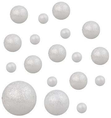 Guľôčky biele polystyrénové glitrové 12x1,5 cm a 6x2 cm, 18 ks