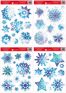 Okenná fólia vločky a hviezdy modré s glitrami 38x29 cm