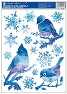 Okenná fólia vtáčiky s vločkami a stromček z vločiek modrý s glitrami 37x29 cm