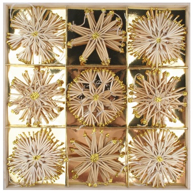 Slamené ozdoby so zlatým glitrom na zavesenie 11 cm, 27 ks