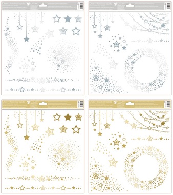 Okenná fólia z lesklej fólie 30x33,5 cm, zlaté/strieborné motívy z hviezdičiek 