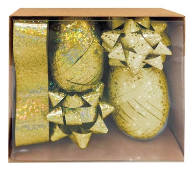 Súprava na balenie darčekov zlatá, rozeta 5x2x5 cm 4 ks, stuha 0,5 cm x 10 m 2 ks, stuha 2 cm x 2 m