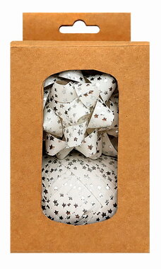 Súprava na balenie darčekov strieborné hviezdy, rozeta 6,5 cm 2 ks, stuha 1 cm x 20 m 1 ks