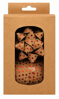 Súprava na balenie darčekov červená bodka, rozeta 6,5 cm 2 ks, stuha 1 cm x 20 m 1 ks