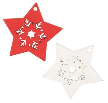 Hviezda drevená s lepíkom 4,5 cm, červená a biela, 16 ks v krabičke