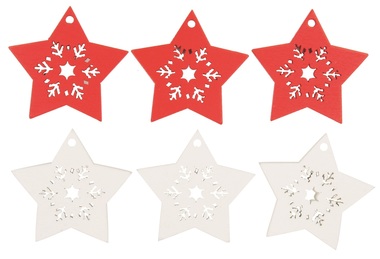 Hviezda drevená s lepíkom 4,5 cm, červená a biela, 6 ks
