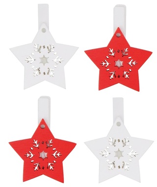 Hviezda drevená na štipci 4,5 cm, červená a biela, 4 ks