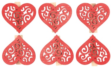 Srdce drevené s červeným kolíčkom 4 cm, 6 ks