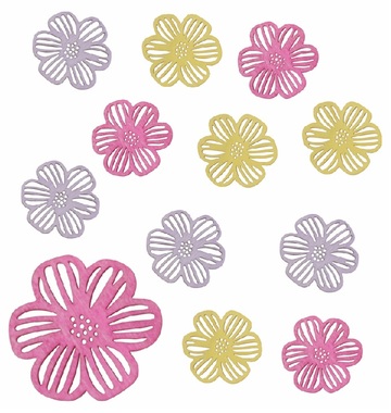 Kvety drevené mix troch farieb 4 x 4 x 0,3 cm, 12 ks v sáčku