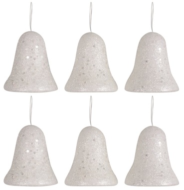Zvony biele s flitrami 6,5 cm, 6 ks v krabičke