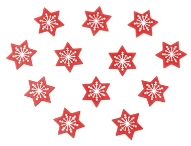 Hviezdy drevené s vločkou a lepkou 3 cm, 12 ks, červené