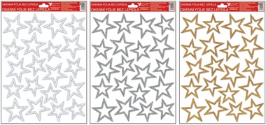 Okenná fólia s glitrom strieborné, zlaté, biele hviezdy 33,5x26 cm