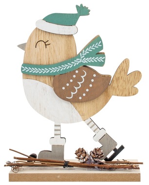 Vtáčik drevený so šálom a čapicou na korčuliach 13 x 18 cm