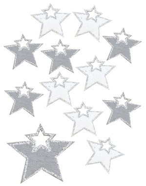 Hviezda drevená s lepíkom 4 cm sivá a biela, 12 ks