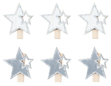 Hviezda drevená so strieborným glitrom na štipci 4 cm, sivá a biela, 6 ks