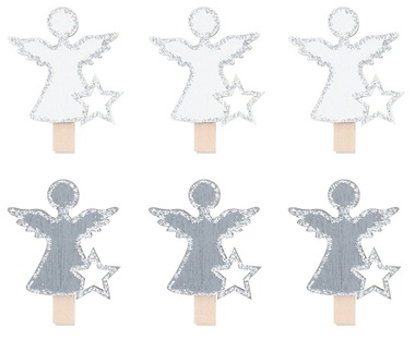 Anjel drevený na štipci 4,5 cm, sivý a biely 6 ks