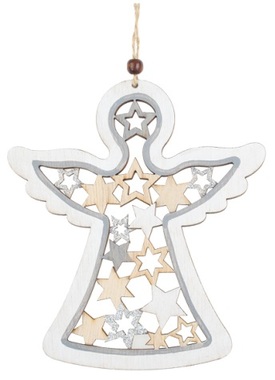 Anjel drevený so striebornými glitrami 15 x 17 cm