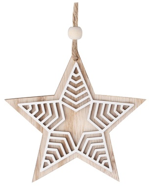 Hviezda s bielym dekorom drevená na zavesenie 10 cm