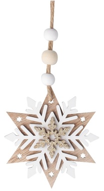 Vločka s bielym dekorom drevená s glitrom na zavesenie 7,5 cm
