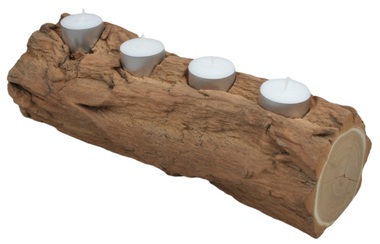 Drevený pozdĺžný svietnik na štyri čajové sviečky cca 30 x 10 cm s s kôrou