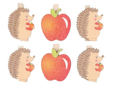 Drevený ježko a jablká na kolíku 4 cm, 6 ks
