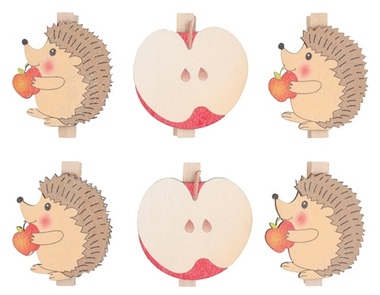 Drevený ježko a jablká na kolíku 4 cm, 6 ks