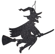 Čarodejnica drevená s glitrom na zavesenie 14 x 11,5 cm