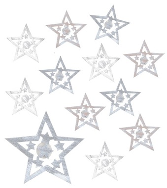 Hviezda drevená s lepíkom 4 cm, 12 ks