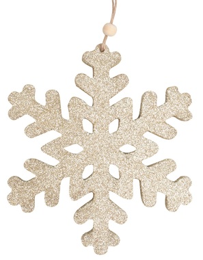 Drevená snehová vločka so zlatými glitrami na zavesenie 15 cm