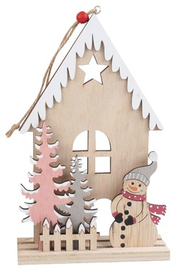 Drevený domček so snehuliakom na zavesenie 20 cm